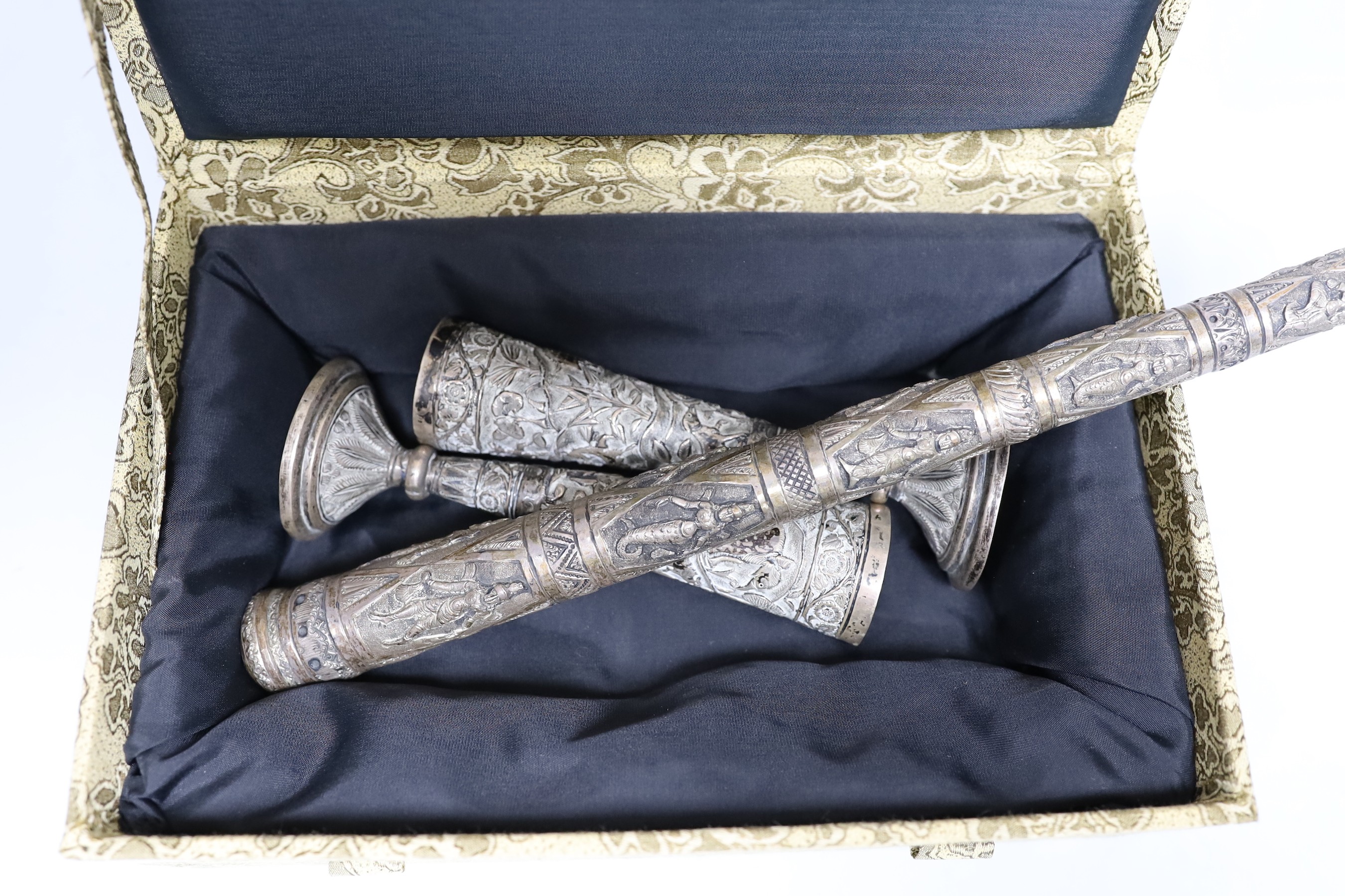 A Burmese white metal parasol handle, 33.2cm, a pair of Indian white metal spill vases and a pair of filigree dishes.
